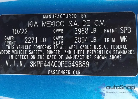 2023 Kia Forte Gt z USA, uszkodzony, nr VIN 3KPF44AC0PE549889
